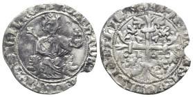 Italy, Napoli. Roberto I d'Angiò (1309-1343). AR Gigliato (27.5mm, 3.75g). King seated facing on lion throne, holding sceptre and globus cruciger. R/ ...