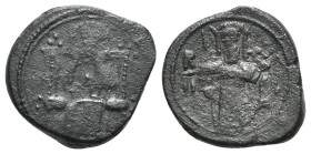 Italy, Sicily, Messina, Ruggero II (1105-1130). Æ Double Follaro (20mm, 5.68g, 6h). Christ enthroned facing. R/ Ruggero standing facing, holding scept...