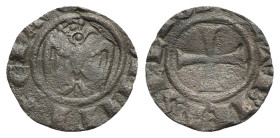 Italy, Sicily, Messina. Federico II (1197-1250). BI Denaro 1244 (13mm, 0.40g). Crowned eagle facing, head r. R/ Cross. Spahr 130; MIR 98. Near VF