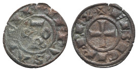 Italy, Sicily, Messina. Corrado I (1250-1254). BI Denaro (15.5mm, 0.61g, 11h). COR. R/ Cross. Spahr 158. Near VF