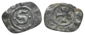 Italy, Sicily, Messina. Manfredi (1258-1266). BI Denaro (15.5mm, 0.32g). Large S. R/ Cross. MIR 137; Spahr 198. VF