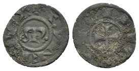 Italy, Sicily, Messina. Manfredi (1258-1266). BI Denaro (15mm, 0.59g). Large M. R/ Cross. Spahr 208. Near VF