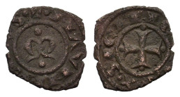 Italy, Sicily, Messina. Manfredi (1258-1266). BI Denaro (13.5mm, 0.60g). Large M. R/ Cross. Spahr 213. VF