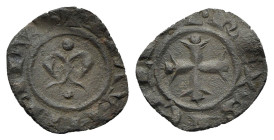 Italy, Sicily, Messina. Manfredi (1258-1266). BI Denaro (13.5mm, 0.52g). Large M. R/ Cross. Spahr 213. VF