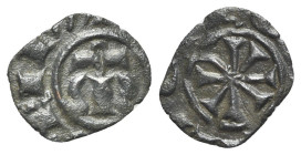 Italy, Sicily, Messina. Manfredi (1258-1266). BI Denaro (13mm, 0.41g). Large M. R/ Cross. Spahr 215. VF