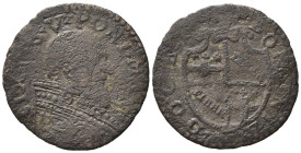 Italy, Papal States. Bologna. Sisto V (1585-1590). Æ Sesino (15.5mm, 0.66g). Bust r. R/ Arms. MIR 1359/1. Fine