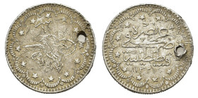 Ottoman Empire, Mehmet V (AH 1327-1336/AD 1909-1918). AR 5 Kurus (24mm, 5.90g). Qustantiniya, AH 1327/RY 1. Holed, scratches, Good Fine