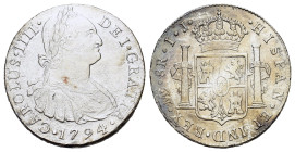 Peru, Carlos IV (1788-1808). 8 Reales 1794 (39mm, 26.36g). KM 97. Near VF