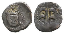 Spain. Felipe III ? (1598-1621). Æ Dinero (15mm, 1.04g, 3h). Valencia. Crowned head l. R/ Tree. Cf. Calicò 246. VF