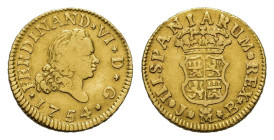 Spain, Ferdinando VI (1746-1759). AV Half Escudo 1754 (15mm, 1.67g). KM 378. About VF
