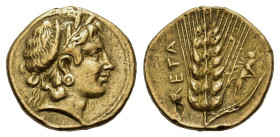 Southern Lucania, Metapontion. Gilt Replica of Drachm (20mm, 3.70g). Wreathed head r. R/ Barley ear with leaf to r.; grasshopper to r. Modern replica ...