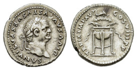 Divus Vespasian (died AD 79). Replica of AR Denarius (18mm, 3.30g). Laureate head r. R/ Tripod surmounted by dolphin wreath and crows. Modern replica ...