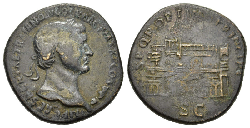 Trajan (98-117). Replica of Æ Sestertius (33mm, 23.30g). Laureate head r. R/ Cir...