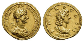 Hadrian (117-138). Replica of AV Aureus (20mm, 7.30g). Laureate, draped and cuirassed bust r. R/ Radiate and draped bust of Sol r. Modern replica for ...