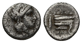 BITHYNIA, Kios. Circa 345-315 BC. AR Quarter Siglos – Trihemiobol (10mm, 1.1 g). Athenodoros, magistrate. Laureate head of Apollo right / Prow left.
