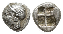 IONIA. Phokaia. (Circa 521-478 BC). AR Obol. (9mm, 1.3 g) Obv: Archaic female head left, wearing earring and helmet or close fitting cap.. Rev: Quadri...