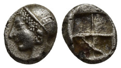 IONIA. Phokaia. (Circa 521-478 BC). AR Obol. (9mm, 1.2 g) Obv: Archaic female head left, wearing earring and helmet or close fitting cap.. Rev: Quadri...