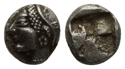 IONIA. Phokaia. (Circa 521-478 BC). AR Obol. (8mm, 1.2 g) Obv: Archaic female head left, wearing earring and helmet or close fitting cap.. Rev: Quadri...