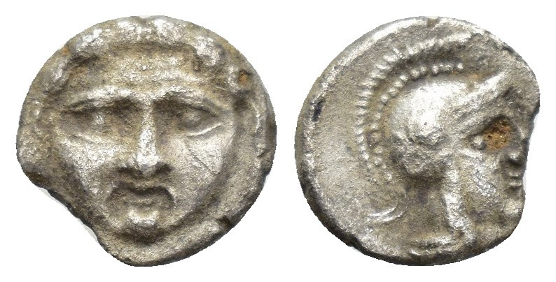 Pisidia, Selge, c. 350-300 BC. AR Obol (9mm, 0.6 g). Facing gorgoneion. R/ Helme...