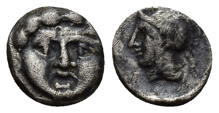 PISIDIA, Selge. Circa 350-300 BC. AR Obol (9mm, 0.8 g). Facing gorgoneion / Helm...