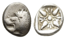 IONIA, Miletos. Late 6th-early 5th century BC. AR Diobol (8mm, 1 g). Forepart of lion right, head reverted / Stellate pattern in incuse square.