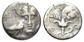CARIA, Mylasa. 189-130 BC. AR Pseudo-Rhodian Drachm (13mm, 2 g). Head of Helios with eagle on cheek / Rose.