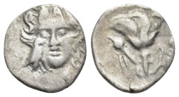 CARIA, Mylasa. 189-130 BC. AR Pseudo-Rhodian Drachm (13mm, 1.9 g). Head of Helios with eagle on cheek / Rose.
