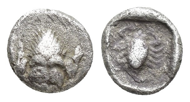 CARIA. Mylasa. Obol (7mm, 0.55 g) (Circa 450-400 BC). Obv: Facing forepart of li...
