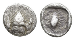 CARIA. Mylasa. Obol (7mm, 0.55 g) (Circa 450-400 BC). Obv: Facing forepart of lion. Rev: Scorpion within incuse square.