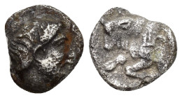 SATRAPS of CARIA. Hekatomnos. Circa 392/1-377/6 BC. AR Diobol (10mm, 1.4 g). Mylasa mint. Bearded head of Hekatomnos right / Forepart of bull left; E ...