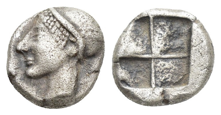 IONIA, Phokaia. (Circa 521-478 BC). AR Diobol. (9mm, 1.3 g) Obv: Archaic female ...