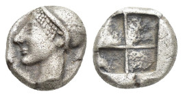 IONIA, Phokaia. (Circa 521-478 BC). AR Diobol. (9mm, 1.3 g) Obv: Archaic female head left, wearing earring and necklase. Rev: Quadripartite incuse squ...