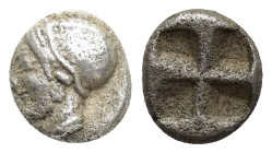 IONIA, Phokaia. (Circa 521-478 BC). AR Diobol. (8mm, 1 g) Obv: Archaic female head left, wearing earring and necklase. Rev: Quadripartite incuse squar...