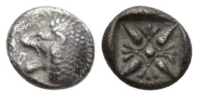 Ionia. Miletos circa 600-500 BC. Obol AR (9mm, 1 g). Forepart of lion right, head reverted / Stellate pattern within incuse square.