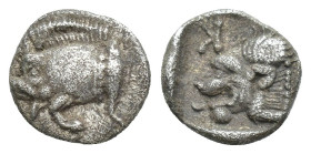 Mysia, Kyzikos AR Obol. (9mm, 0.8 g) Circa 450-400 BC. Forepart of boar to left, tunny upward to right / Head of roaring lion to left; retrograde K to...