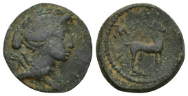 Lykian League, Masikytes Æ (19mm, 3.1 g). Circa 27-23 BC. Draped bust of Artemis to right, bow and quiver over shoulder; M[A] before / Stag standing t...