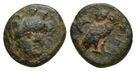 TROAS. Sigeion. 4th-3rd centuries BC. AE (11mm, 2 g). Head of Athena facing slightly to right, wearing triple-crested Attic helmet. Rev. ΣIΓE Owl stan...