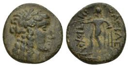 SELEUKID KINGDOM, Antiochos III 'the Great' ( Circa 222-187 BC) AE Bronze (15mm, 2.3 g) OBv: Sardes mint. Laureate head of Apollo right Rev: Apollo st...