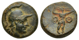 Pamphylia, Aspendos Æ (14mm, 4.9 g). Circa 400-200 BC. Helmeted head of Athena to right / Slinger standing to right; O - Θ across fields.