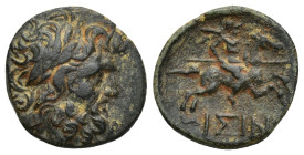 PISIDIA. Isinda. Ae (17mm, 2.7 g) (2nd-1st centuries BC). Obv: Laureate head of Zeus right. Rev: ΙΣΙΝ. Warrior on prancing horse right, weilding spear...