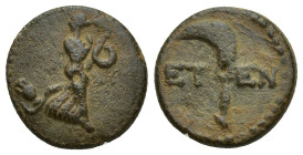 PISIDIA. Etenna. Ae (15mm, 3.2 g) (1st century BC). Obv: Female figure advancing right, head left, holding serpent; tilted amphora to left. Rev: ETEN....