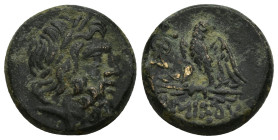 Pontic Kingdom, Amisos. civic issue under Mithradates VI, Eupator. 120-63 B.C. AE (19mm, 8.7 g). Laureate head of bearded Zeus right / AMIΣOY, ethnic ...