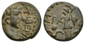 PAMPHYLIA, Side. Tiberius. AD 14-37. Æ (15mm, 3.8 g) Obverse: ΤΙΒΕΡΙΟΣ; laureate head of Tiberius, r. / Reverse: ΣΙΔ-ΗΤ (across field); Athena standin...