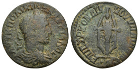 LYDIA, Hypaepa. Valerian. 253-260 AD. Æ (26mm, 7.3 g). AV T K ΠO ΛIK OVAΛEPIANOC Laureate, draped and cuirassed bust right, seen from behind / EΠI CTP...