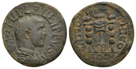 Pisidia, Antiochia, Philippus I 244-249 AD, AE (23mm, 5.8 g) Radiate, draped and cuirassed bust of Philippus I, seen from behind, right Vexilium betwe...