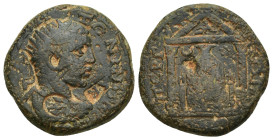 PAMPHYLIA. Perge. Elagabalus, 218-222. AE. (23mm, 10.6 g) Radiate, draped, and cuirassed bust of Elagabalus to right. Rev. Distyle temple containing c...