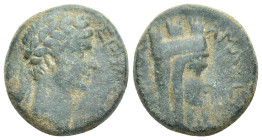 PONTUS, Amasia. Gaius (Caligula). AD 37-41. Æ (20mm, 10.3 g). Laureate head right / Veiled and turreted head of Tyche right; uncertain object (lituus?...