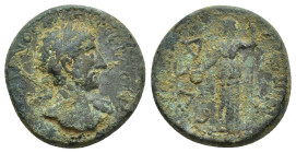 CILICIA, Syedra. Hadrian. AD 117-138. Æ (18mm, 5 g). ΑΥΤ ΑΔΡΙΑΝΟϹ ΚΑΙϹΑΡ ϹΕΒΑϹΤΟϹ Laureate and draped bust right / ϹΥΕΔΡΕⲰΝ; Demeter standing facing, ...