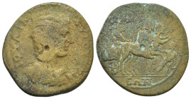 Bithynia, Nicaea, Julia Domna, (AD 193-217) AE (27mm, 11.2 g). IOYΛIA AYΓOYCTA, draped bust right. / NIKAIEΩN, Dionysos and Ariadne sitting right in a...