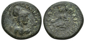 LYDIA. Sala. Pseudo-autonomous. Time of Trajan (98-117). Ae. (20mm, 5.7 g) Alexandros, hiereus. Obv: СΑΛΗΝΩΝ. Helmeted bust of Athena right, wearing a...